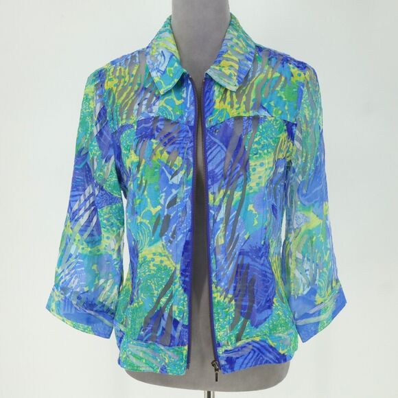 Coldwater Creek Jacket Womens 10 Blue Green Sheer Mesh Zip Lightweight Whimsy - Picture 2 of 15